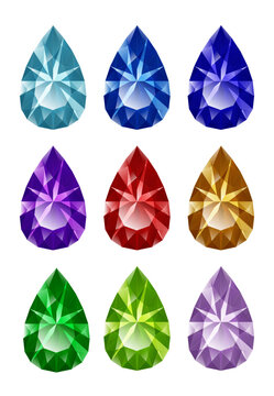 Set of isolated colorful teardrop shaped gemstones