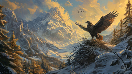 As the seasons change, the mountain transforms into a winter wonderland, but the hippogriffs remain undisturbed in their warm and cozy nest, thriving in the extreme conditions. Fantasy art - obrazy, fototapety, plakaty