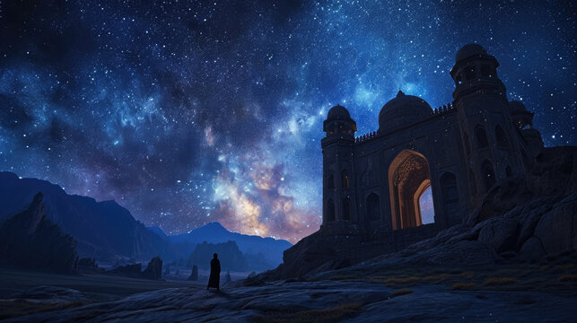 A lone figure stands at the entrance of the monastery, silhouetted against the darkening sky as the stars begin to appear, their light reflecting off the polished stone surfaces. Fantasy art