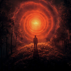 Fototapeta premium A Young Boy Standing Before a Hellish Red and Black Interdimensional Portal