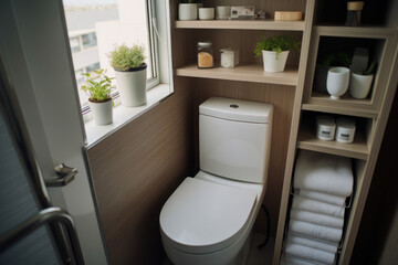 Fototapeta na wymiar Compact, space-saving toilet in a tiny house bathroom with smart storage solutions