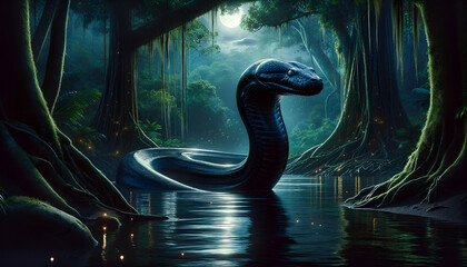 The colossal black anaconda spirit, known as the Boiúna, moves with grace through the dark waters of the Amazon river. - obrazy, fototapety, plakaty
