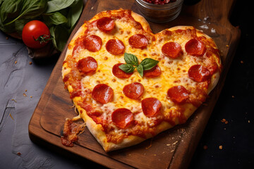 A heart-shaped pizza with pepperoni and melted cheese, freshly baked