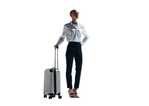 Businesswoman with a travelling suitcase isolated on a transparent background - Powered by Adobe