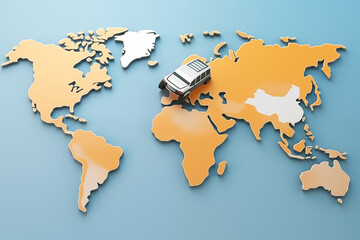 World map with a toy car, car rental worldwide business, travel on wheels