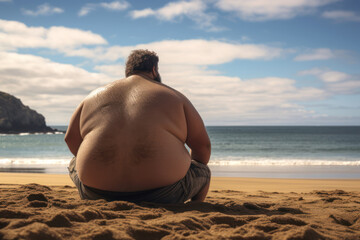 
Photo of a heavyset man on a beach, sitting alone and looking at the sea, with blurred beachgoers in the distance