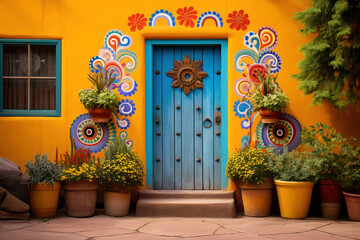 Photo of a vibrant, hand-painted door in Santa Fe, New Mexico, set in an adobe wall