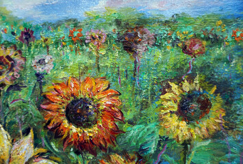 hand painted original impressionism  oil painting abstract color petal  sunflower