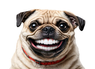 A smiling, cute pug dog with human teeth isolated on a transparent background. PNG image. - obrazy, fototapety, plakaty