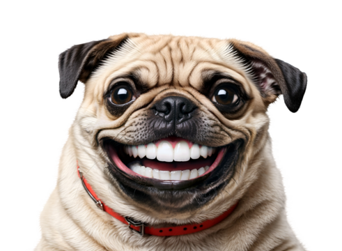 A smiling, cute pug dog with human teeth isolated on a transparent background. PNG image.
