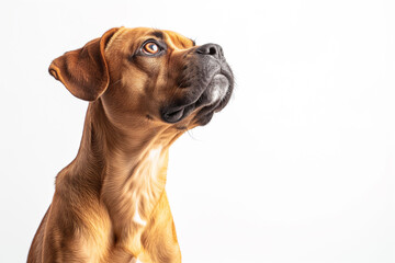 Close-up portrait of a mastiff dog with red shiny hair, big expressive eyes with head raised upwards looking somewhere on white background with space for text and image. Copy space.