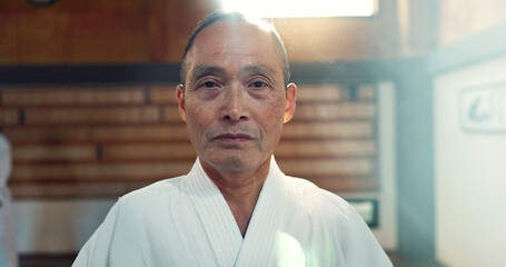 Sensei, aikido and training dojo for martial arts practice or Japanese traditional sport, fighting...