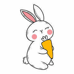 funny cute rabbit is holding a carrot. Vector illustration in doodle style.