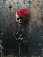 A broken heart adorned with skulls and blossoming flowers in ancient insomnia paintings. Perfect for t-shirt designs, printing media, and wall art