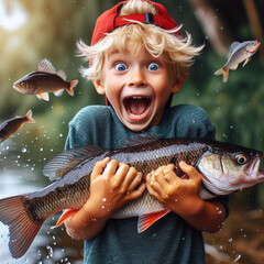 little boy fishing, surprised, very happy, using a fishing rod, got a fish, curved fishing rod, fish visible on the surface of the river, the river water is very clear - obrazy, fototapety, plakaty
