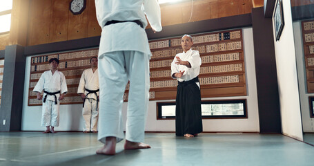 Aikido, sensei and Japanese students with fitness, training and action in class for defence or...