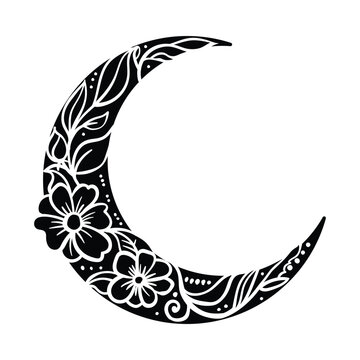 Floral crescent moon , Ramadan clipart, hand drawn vector illustration