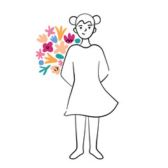 Little girl holding flower bouquet, surprise gift for Mothers Day, vector illustration of beautiful floral composition, birthday present, good for greeting card, child with flowers