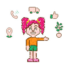 a set of pixel icons .The vector character is a girl with pink hair.for a mobile application.delivery of the goods
