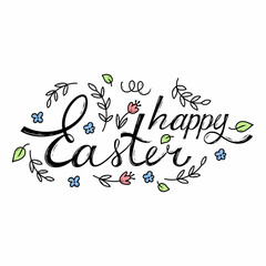 doodle style composition with inscription happy Easter. Vector illustration on white background.