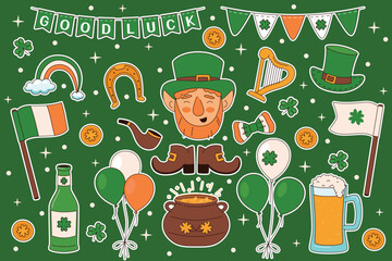 Set of Saint Patricks day celebration items. Colorful, cartoon style, isolated on a white background