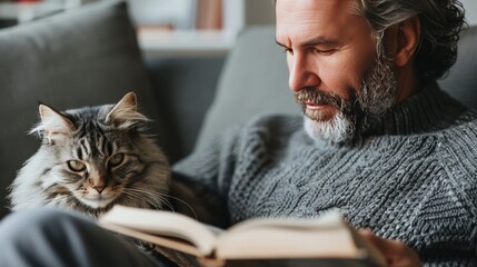 A middle-aged man sits on the sofa and reads a book. Happy. There is a real cat sitting next to him. commercial photography
