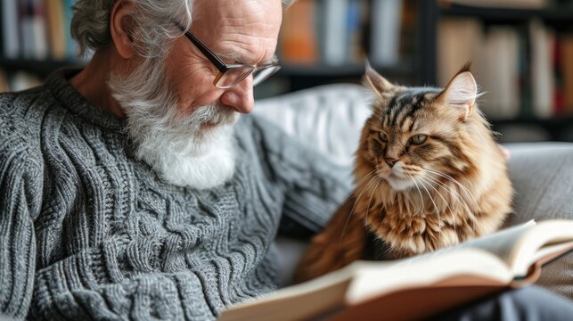 A middle-aged man sits on the sofa and reads a book. Happy. There is a real cat sitting next to him. commercial photography