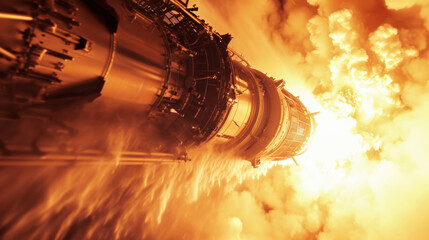 Rocket engines and fire ignition. Missile launch at night, close up. - Powered by Adobe