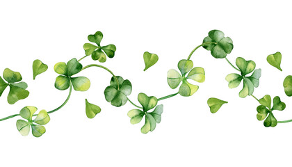 Seamless border with shamrock watercolor illustration isolated on white. Painted green four leaves. Hand drawn clover Irish symbol. Design element for St.Patricks day postcard, package, web banner - obrazy, fototapety, plakaty