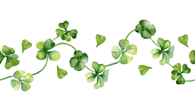Seamless border with shamrock watercolor illustration isolated on white. Painted green four leaves. Hand drawn clover Irish symbol. Design element for St.Patricks day postcard, package, web banner