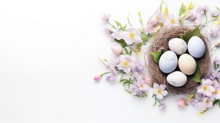 Naklejka na ściany i meble Flat Lay Background Fancy Handmade Eggs in straw nest and spring flower. Easter Concept