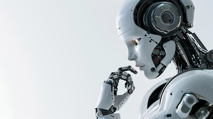 Cogitative Cyborg, Robot in Thought on White Background