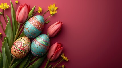 Obraz na płótnie Canvas flat lay background of fancy colorful design easter egg greeting card, plain maroon background