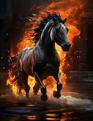 Obraz na płótnie Canvas A horse with a gleaming coat stands amidst flames, which dance around it, creating a sinister contrast between the bright fire and the dark contours of the animal.