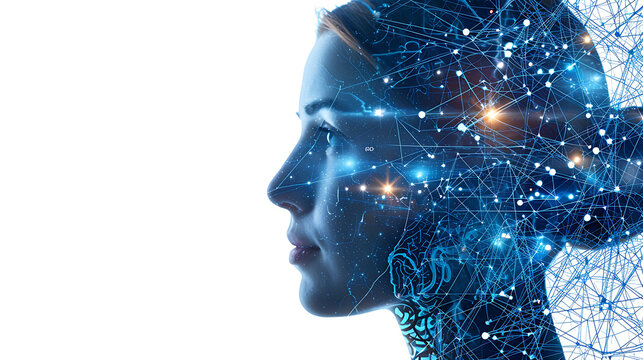 Digital Cognition, Human Head and Brain in AI and ML Realm, white background