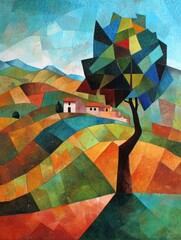 Unique cubist-style artwork featuring a rural landscape with an origami aesthetic, suitable for wall art, printing design, and wallpaper