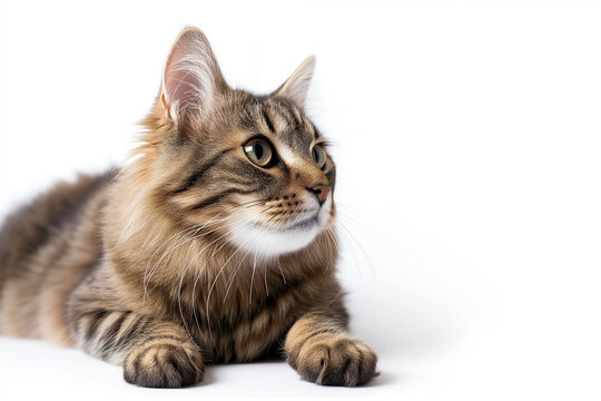 Beautiful, adorable, cute Maine Coon breed cat lying on the floor looking curiously away on a white background.