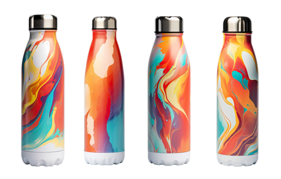 Realistic 3D colorful gradient empty glossy metal reusable water bottle with silver bung set, close-up isolated on a white background. Design template of packaging mockup. Front view