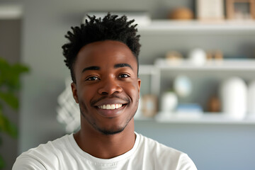 Naklejka premium Home Office Charm, Smiling African American Man Poses with Confidence