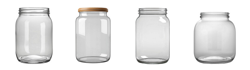 empty glass jar set, canning and preserving. With cover and without lid.  ,isolated on a transparent background, PNG, cutout, or clipping path.	
