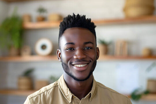 Home Office Charm, Smiling African American Man Poses with Confidence