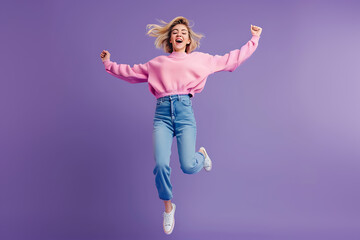 Joyful Jump, Pretty Gen Z Girl Celebrates in Jeans and Pink Sweater