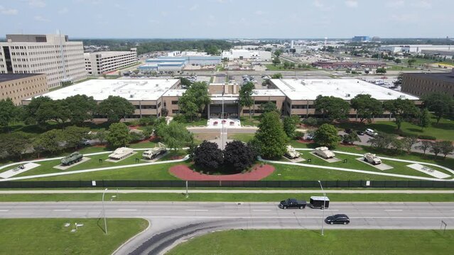 Aerial Ascending backwards shot from the Detroit Arsenal, built tanks and armored vehicles in Warren Michigan, USA