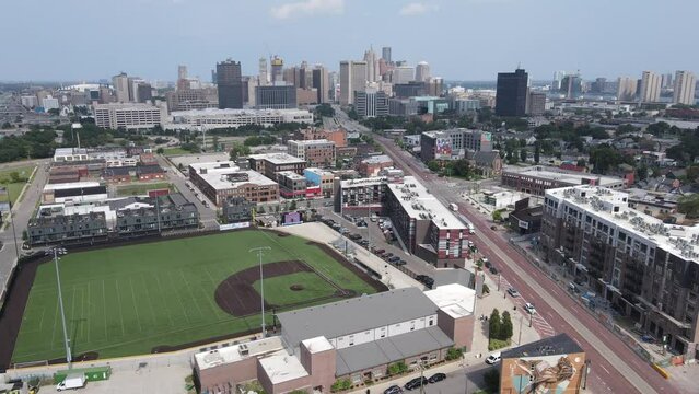 Aerial orbit drone shot from the Corner Ballpark, former Tiger Stadium in Detroit Michigan, Corktown