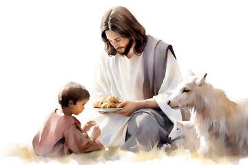 Jesus Christ with baby Jesus and lamb isolated on white background, illustration - obrazy, fototapety, plakaty