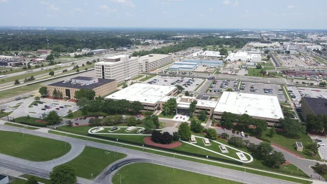 Aerial Ascending drone shot of TACOM, Tank-automotive and Armaments Command, Warren Michigan, USA