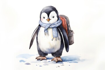 Fototapeta premium Penguin with a backpack. Watercolor illustration isolated on white background.