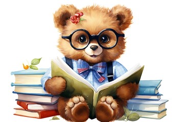 Cute teddy bear in glasses reading a book. Watercolor illustration.