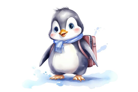 Cute cartoon penguin with a backpack. Watercolor illustration.