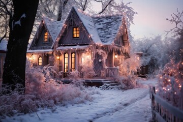 village street in winter season decorated for Christmas or New Year holiday, beautiful view of exteriors of houses , snow, sunset, street lights, festive environment